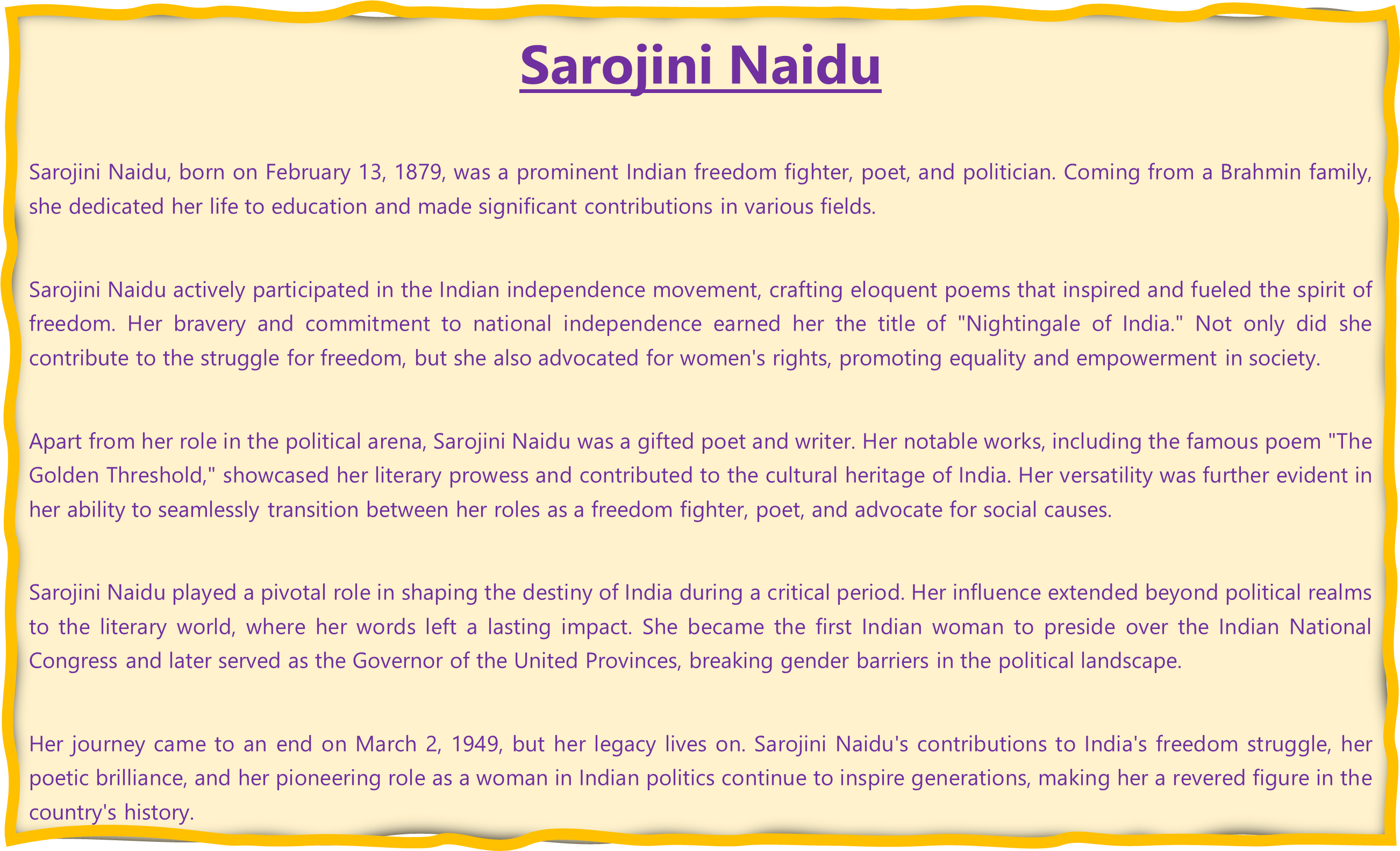 Sarojini Naidu short essay in english