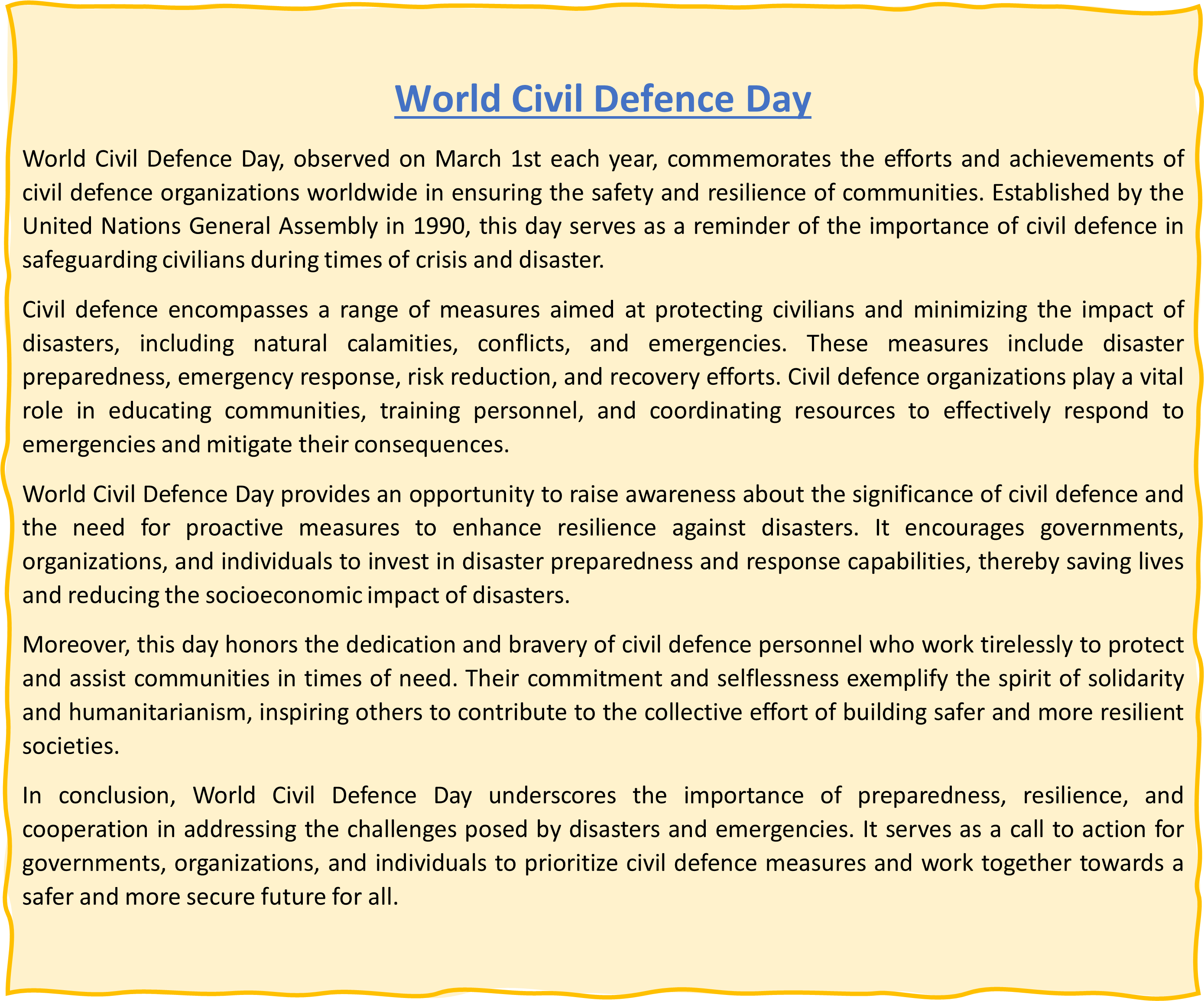 World Civil Defense Day Short Essay in English